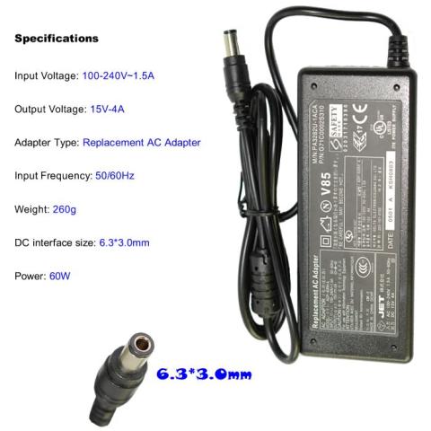 TOSHIBA yhteensopiva virtalähde / laturi, 15V 4A 60W, 6.3 x 3.0 mm liitin