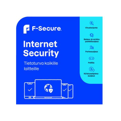 F-Secure Internet Security 3 laitteelle 2 vuodeksi – tietoturvalisenssi viruksia ja haittaohjelmia vastaan