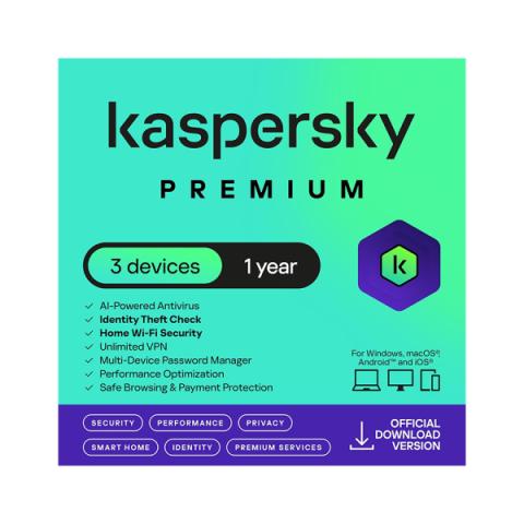 Kaspersky Premium 3 laitteelle 12 kk lisenssi