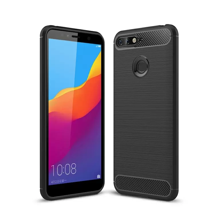 Huawei Honor 7A / Y6 2018 iskunkestävä TPU-suojakotelo, harjattu hiilikuitu (Musta)