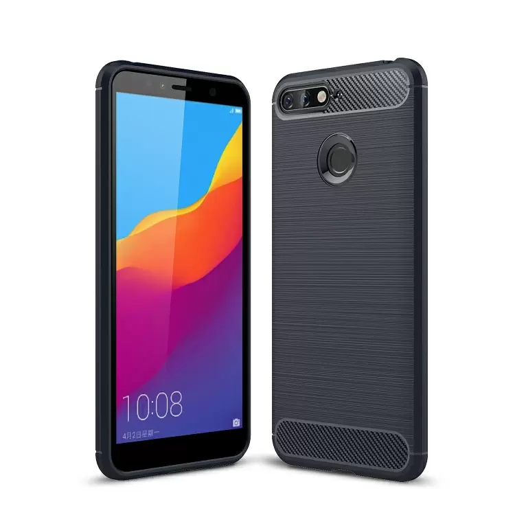 Huawei Honor 7A / Y6 2018 iskunkestävä TPU-suojakotelo, harjattu hiilikuitu (Tummansininen)