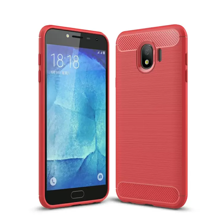 Galaxy J4 2018 TPU-suojakotelo, harjattu hiilikuitu (Punainen)
