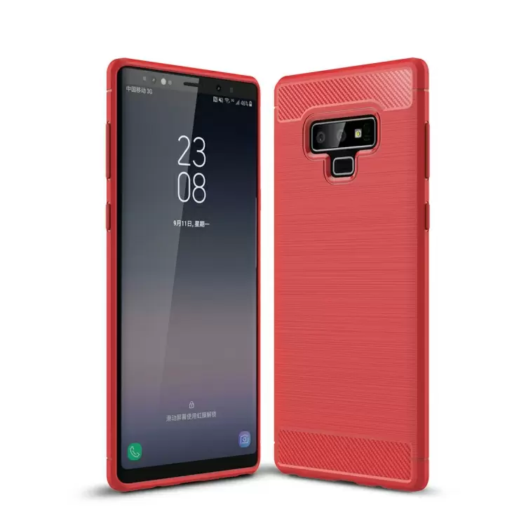 Galaxy Note 9 iskunkestävä TPU-kotelo, harjattu hiilikuitu (Punainen)