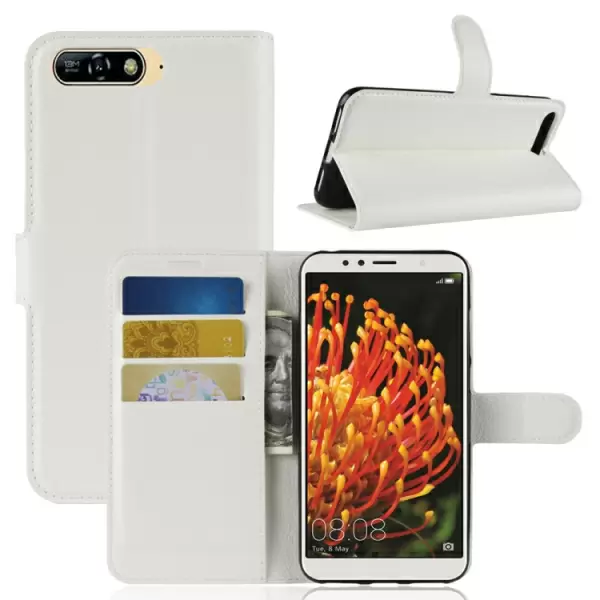 Huawei Y6 2018 nahkakotelo puhelinpidikkeellä ja korttipaikoilla (Valkoinen)