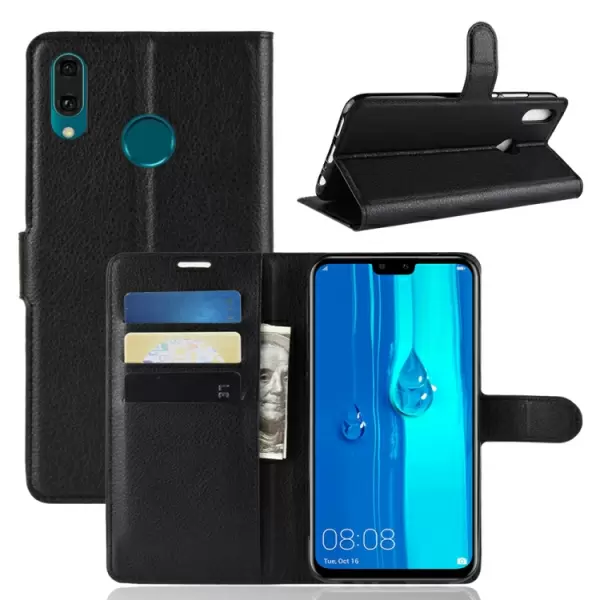 Huawei Y9 2019 Litchi vaakatasoon käännettävä nahkakotelo lompakolla (Musta)