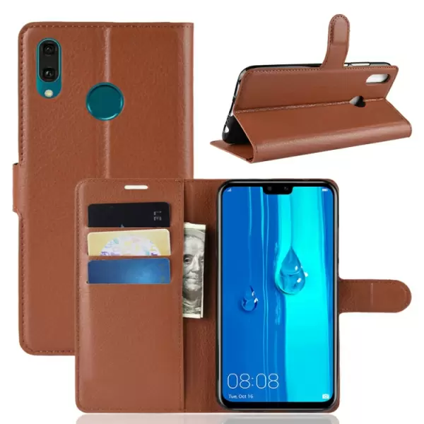 Huawei Y9 2019 Litchi vaakatasoon käännettävä nahkakotelo lompakolla (Ruskea)
