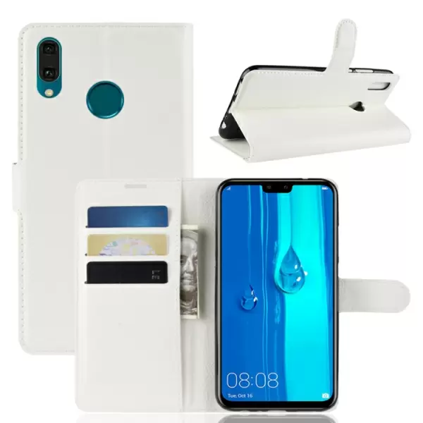 Huawei Y9 2019 Litchi vaakatasoon käännettävä nahkakotelo lompakolla (Valkoinen)
