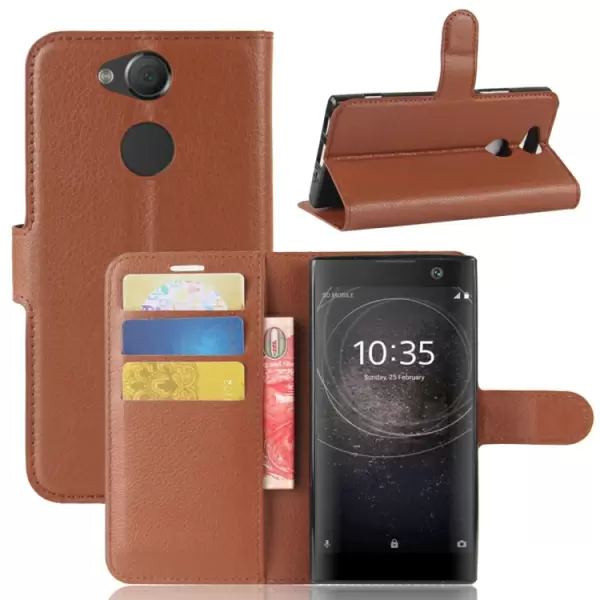 Sony Xperia XA2 Litchi nahkakotelo lompakolla (Ruskea)