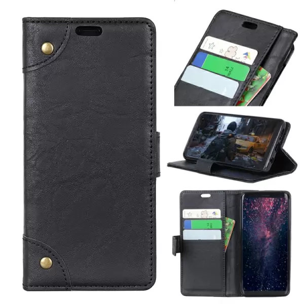 Huawei Y9 2019 retrotyylinen vaakatasoon käännettävä nahkakotelo lompakolla (Musta)