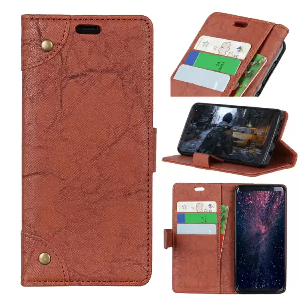 Huawei Y9 2019 retrotyylinen vaakatasoon käännettävä nahkakotelo lompakolla (Ruskea)