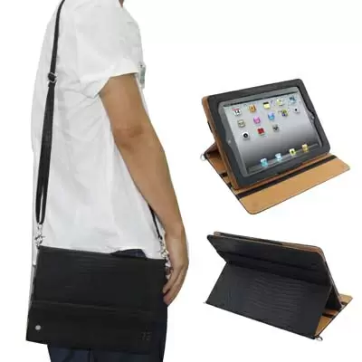 iPad 2,3,4 Nahkainen suojakotelo seisontatuella ja olkahihnalla (musta)