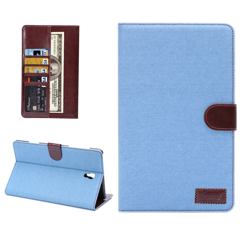 Samsung Galaxy Tab S (SM-T700) 8.4- Denim tekstuuri nahkainen suojakotelo luottokorttipaikalla (Baby sininen)