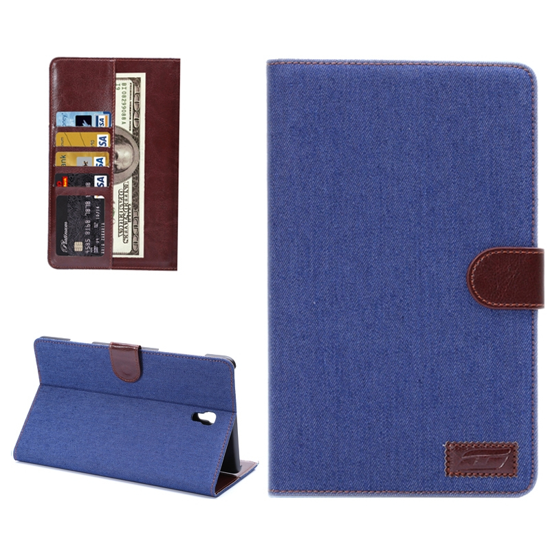 Samsung Galaxy Tab S (SM-T700) 8.4- Denim tekstuuri nahkainen suojakotelo luottokorttipaikalla (sininen)