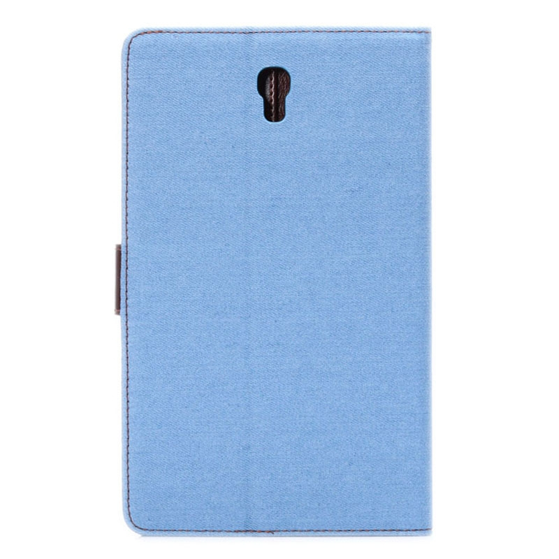 Samsung Galaxy Tab S (SM-T700) 8.4- Denim tekstuuri nahkainen suojakotelo luottokorttipaikalla (Baby sininen)