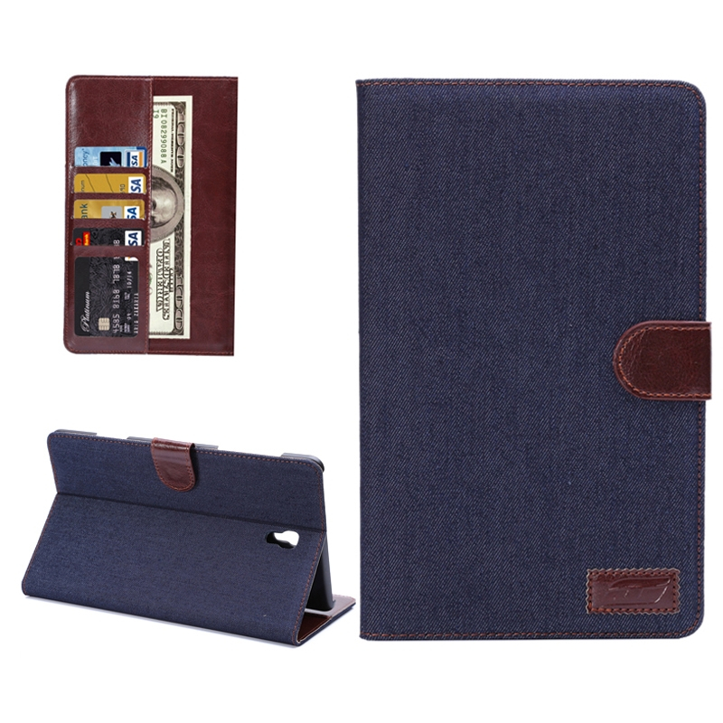 Samsung Galaxy Tab S (SM-T700) 8.4- Denim tekstuuri nahkainen suojakotelo luottokorttipaikalla (tummansininen)
