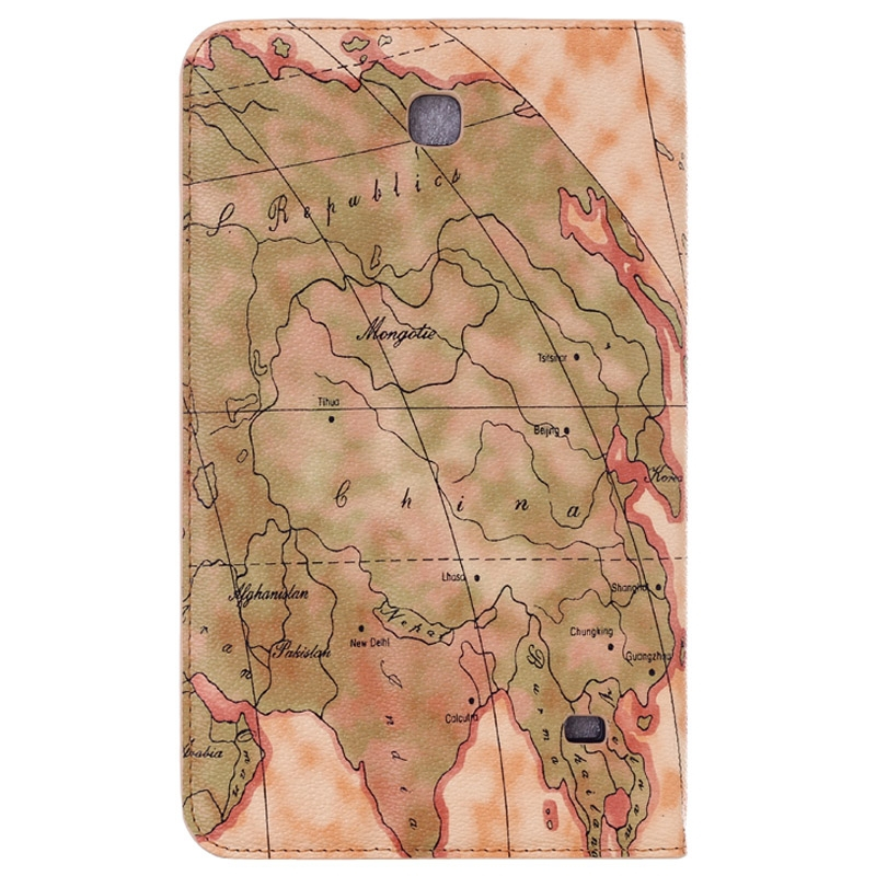 Samsung Galaxy Tab 4 (SM-T330) 8.0- nahkainen suojakotelo, maailmankartta (vaaleankeltainen)