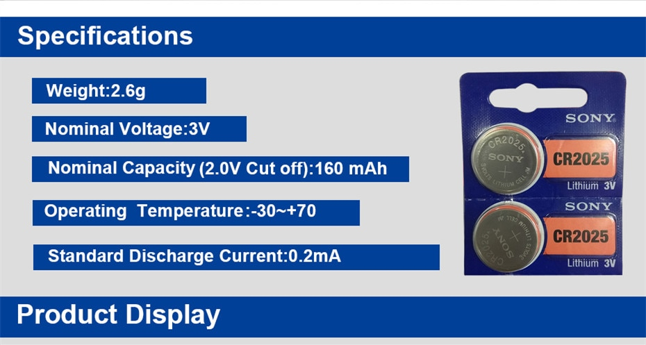 Sony Lithium Button Cell Batteries, 3V CR 2025(5kpl)