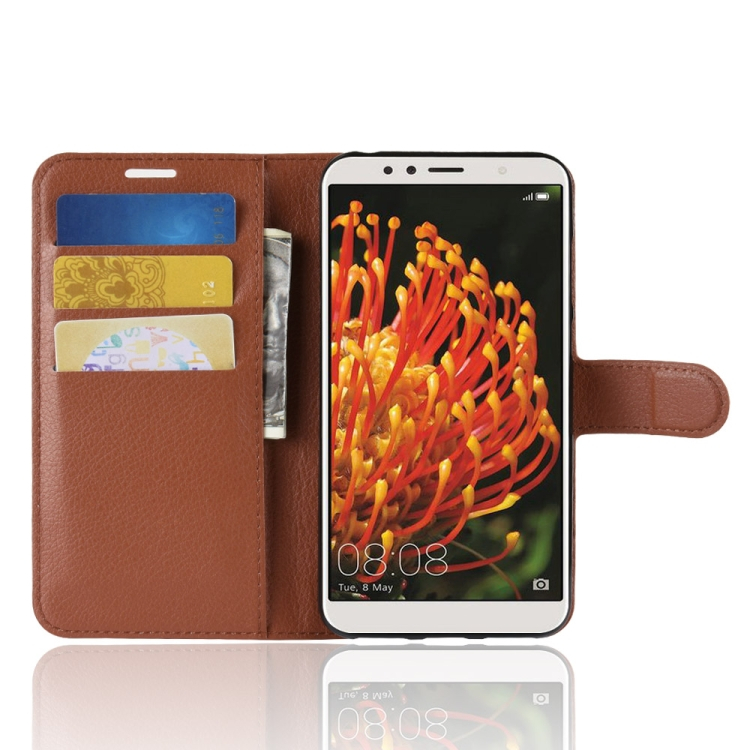 Huawei Y6 2018 nahkakotelo puhelinpidikkeellä ja korttipaikoilla (ruskea)