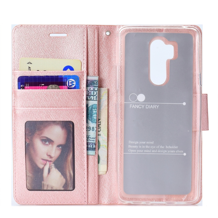 LG G7 ThinQ silkkinen vaakatasoon käännettävä kotelo pidikkeellä ja lompakolla (Ruusukulta)