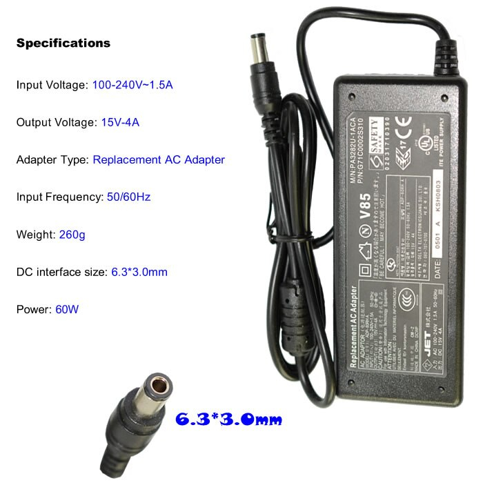 TOSHIBA yhteensopiva virtalähde / laturi, 15V 4A 60W, 6.3 x 3.0 mm liitin