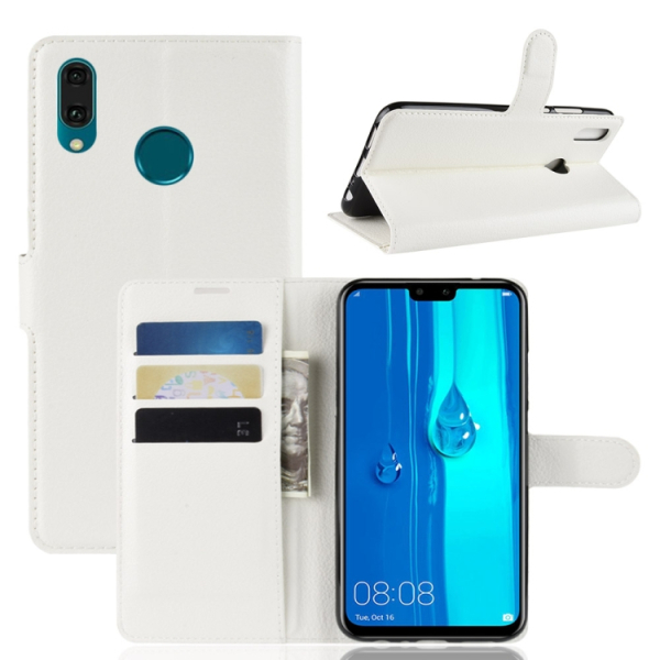 Huawei Y9 2019 Litchi vaakatasoon käännettävä nahkakotelo lompakolla (Valkoinen)