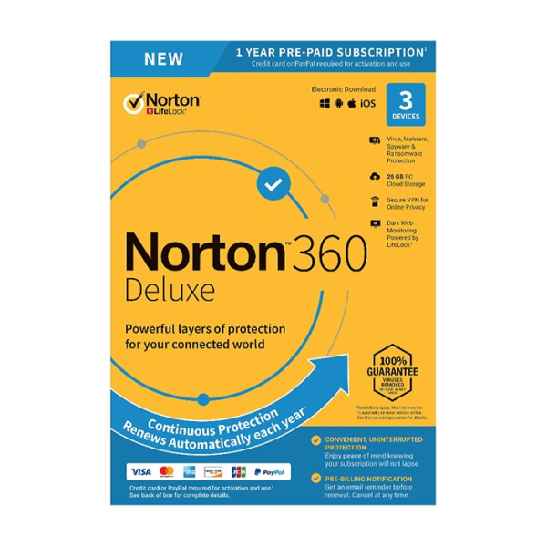 Norton 360 Deluxe, 3 -laitteet / 12 kk (Auto Renew)