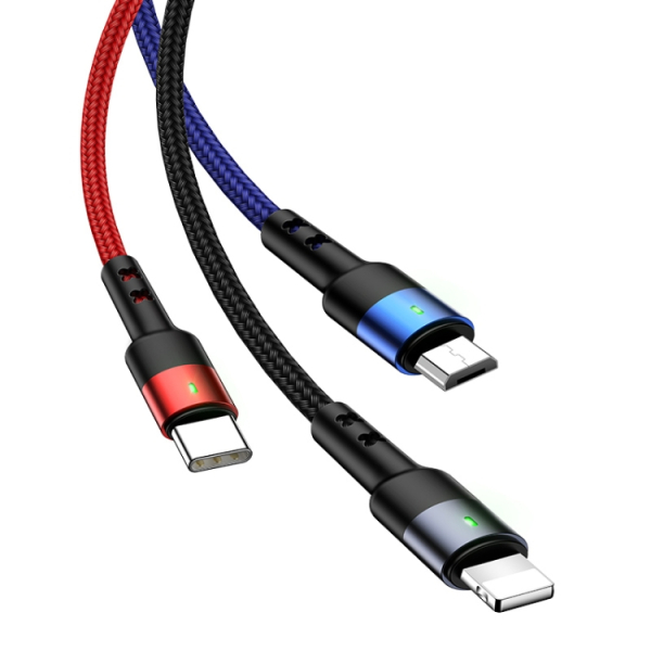 3-in-1 nopea latauskaapeli (Micro USB, 8-napainen, Type-C)