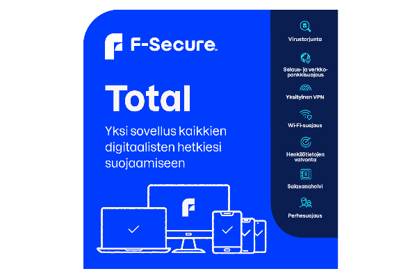F-Secure Total Tietoturva ja VPN lisenssi, 5 laitteelle / 24 kk