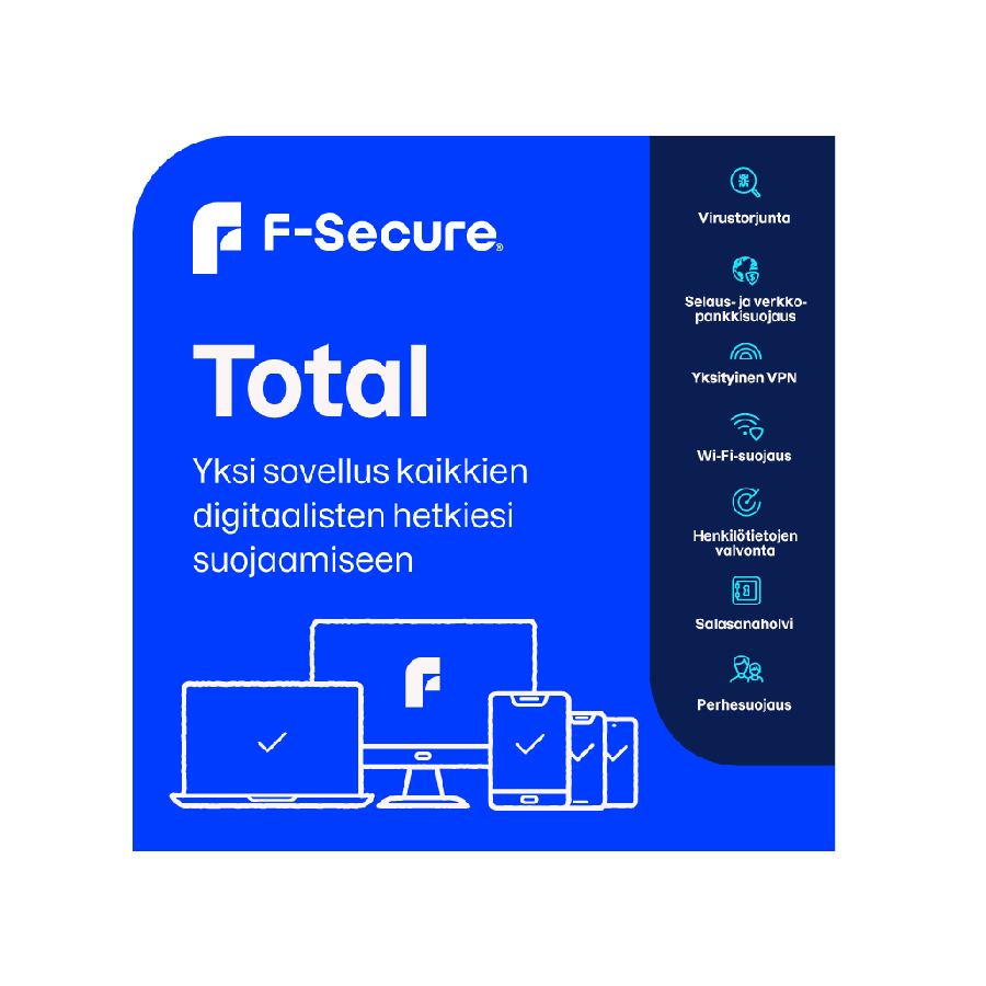 F-Secure Total Tietoturva ja VPN lisenssi, 5 laitteelle / 24 kk