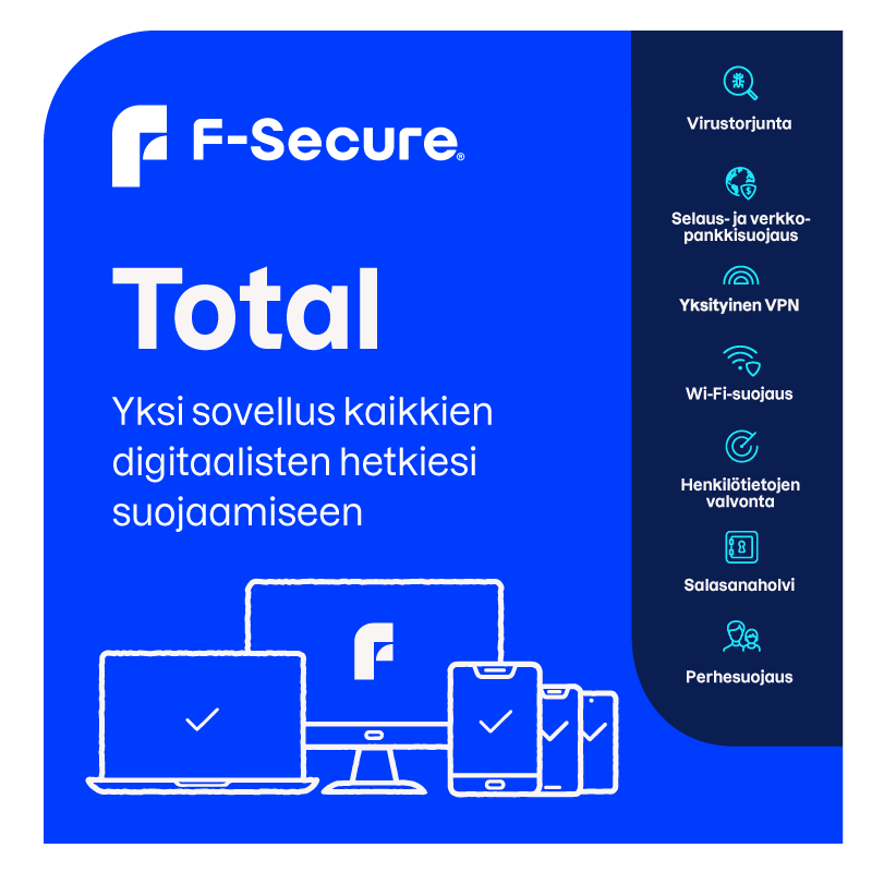 F-Secure Total Tietoturva ja VPN lisenssi, 3 laitteelle / 24 kk