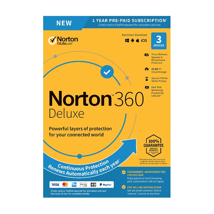 Norton 360 Deluxe, 3 -laitteet / 12 kk (Auto Renew)