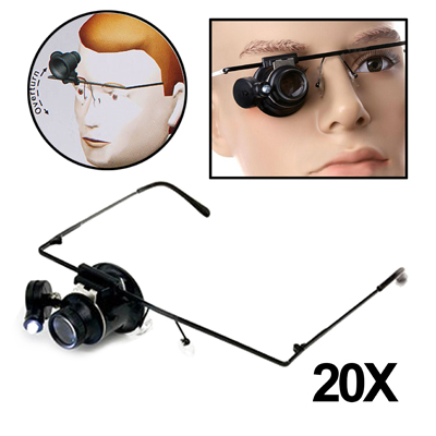 20X suurennuslasi silmälasisangoilla ja LED-valolla